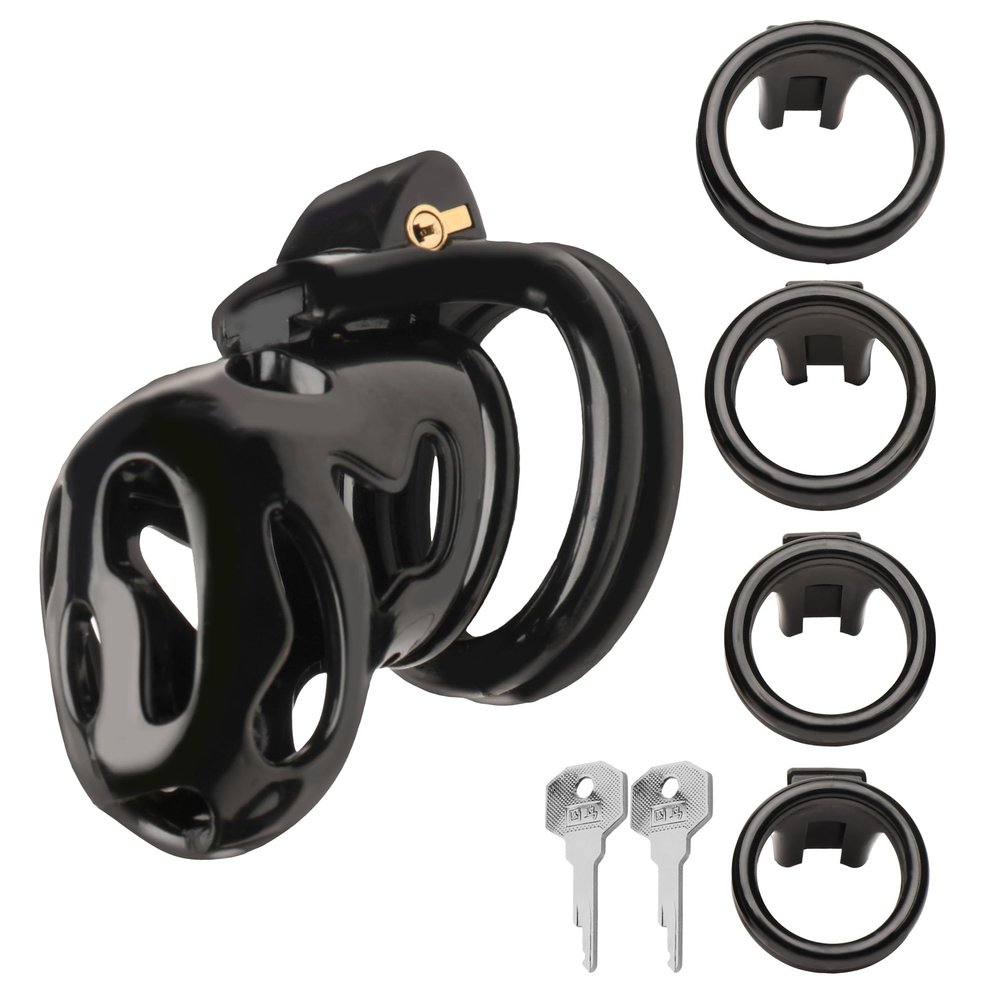 MASTER SERIES Hard Stop Chastity Cage for Beginners, Men & Couples, Easy-Lock Ventilated Design, Various Ring Sizes, 8-Piece Set, Black
