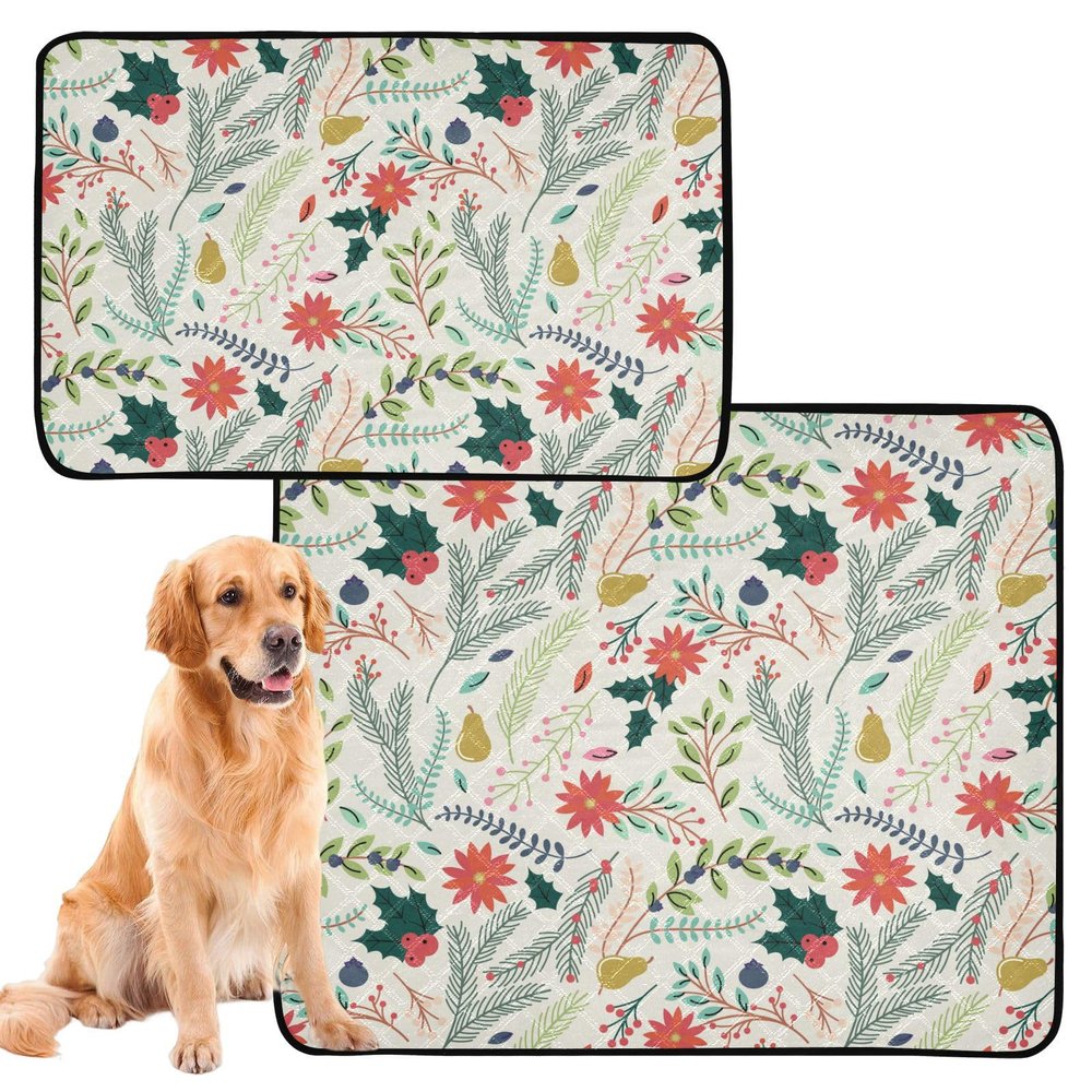 Reusable Dog Pee Pads, Washable Non-Slip Pet Mat, 61 x 91 cm / 91 x 107 cm, Merry Christmas Holiday Floral (6)