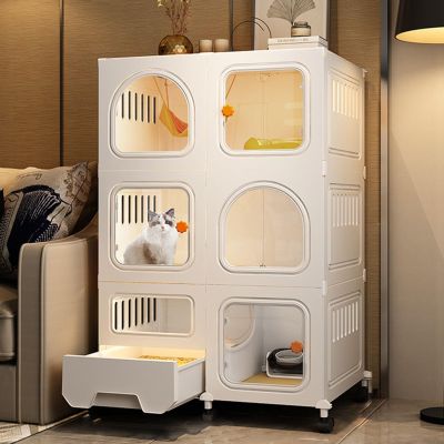 Cat Cage with Litter Box, Indoor Cat Enclosure, DIY Cat Playpen with Casters, Raises Height by 4 cm (Color: