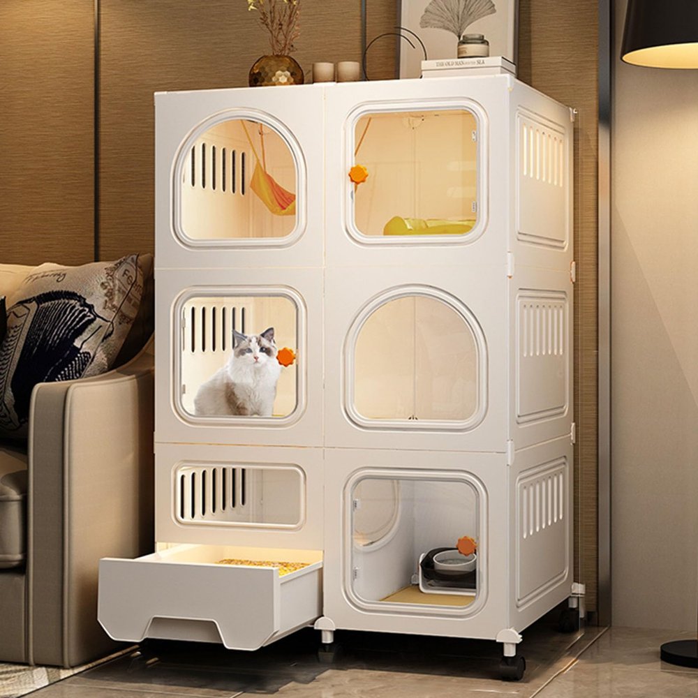 Cat Cage with Litter Box, Indoor Cat Enclosure, DIY Cat Playpen with Casters, Raises Height by 4 cm (Color:
