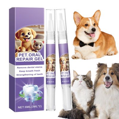 Pet Toothbrush Pen with 2 x Dog Dental Gel, Natural Oral Whitening Gel, 6 ml for Dogs and Cats