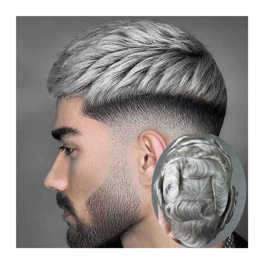 Natural-Looking Men's Hairpiece, Remy Human Hair, Gray-Black Mix, 0.06–0.08 mm Thin Skin Full PU Toupee