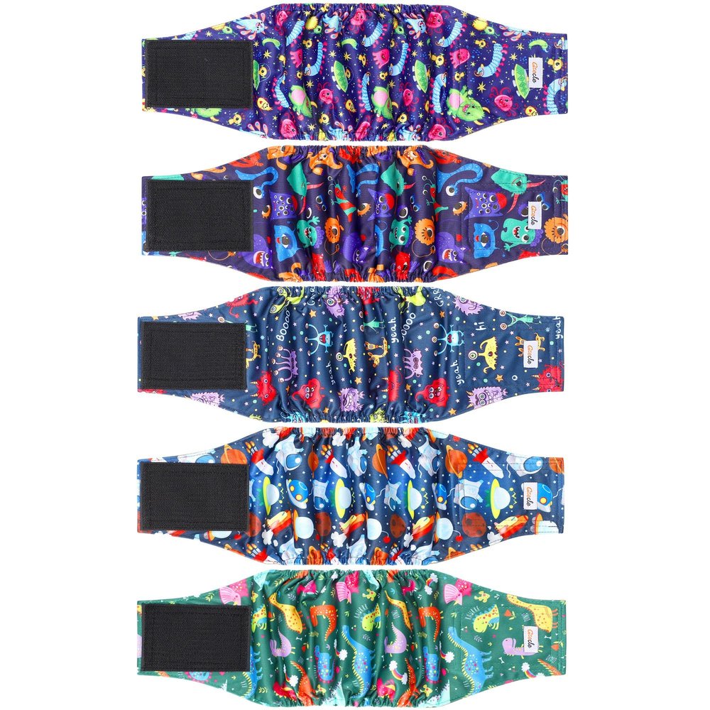 Grecle Male Dog Diapers, Reusable Belly Bands, Highly Absorbent, Small, Monster Pattern, 5-Pack