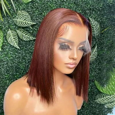 Transparent Lace Wig for Women, Short, Glueless, Straight, Synthetic Hair, Shoulder-Length, Reddish Brown, 16 Inches, 180% Density