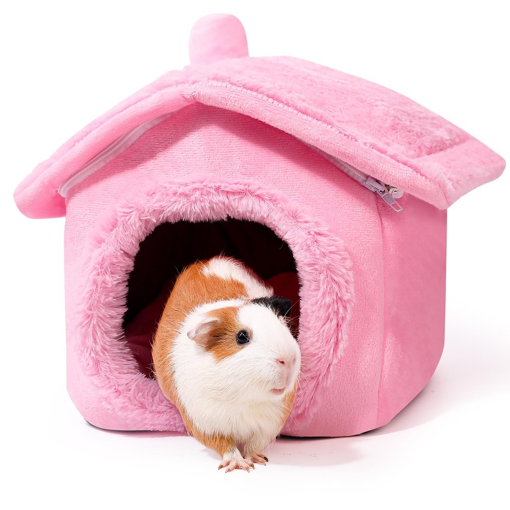 ONEJU Guinea Pig House with Detachable Plush Roof, Pink