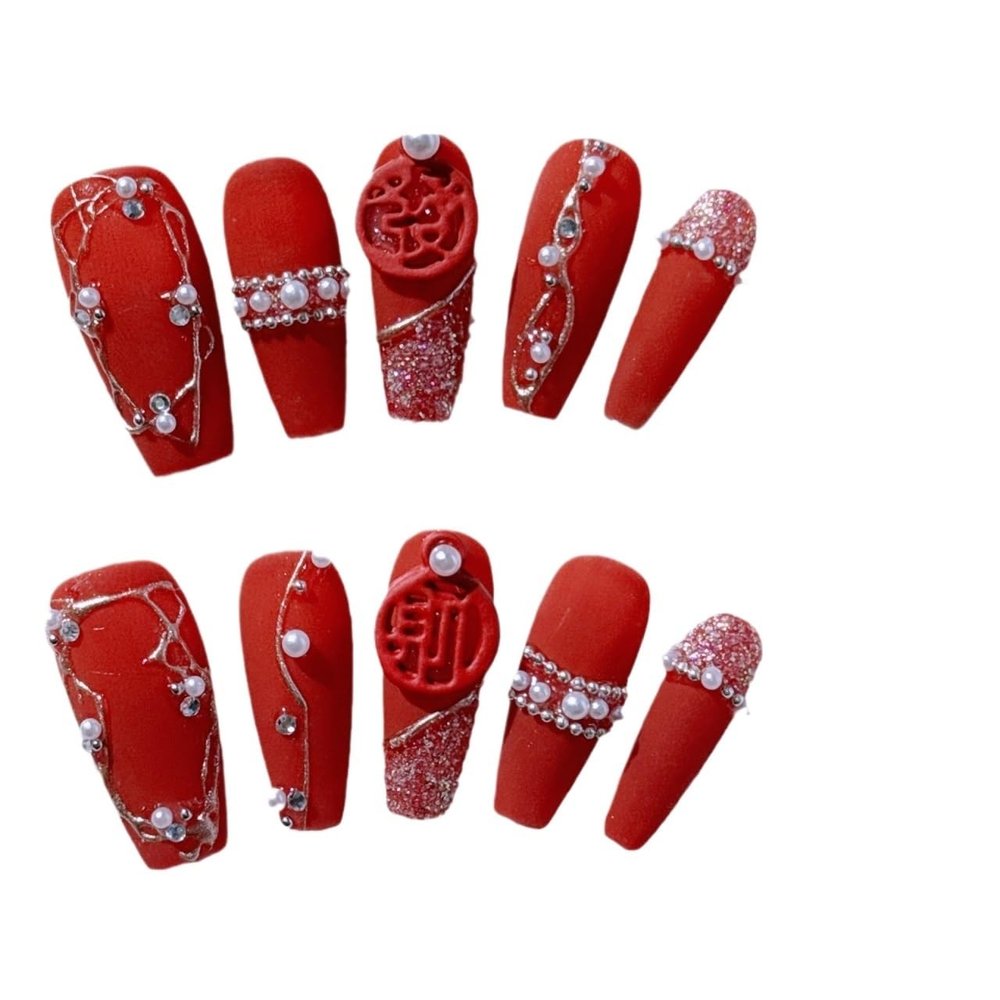 Handmade Nail Art, New Year's Design, Armor-Inspired, Fortune Red, Removable Artificial Nails (S)