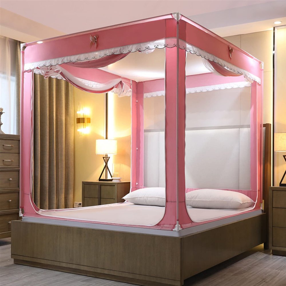GLMGBP Mosquito Net Bed Tent Canopy, 3-Zip Doors, 360° Protection, Pink, 1.5 x 2 m
