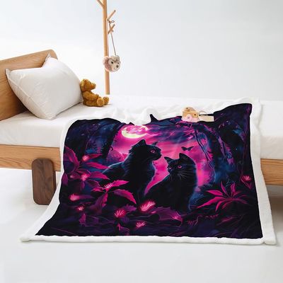 Purple Leaf Cat Plush Fleece Blanket, 130 x 150 cm