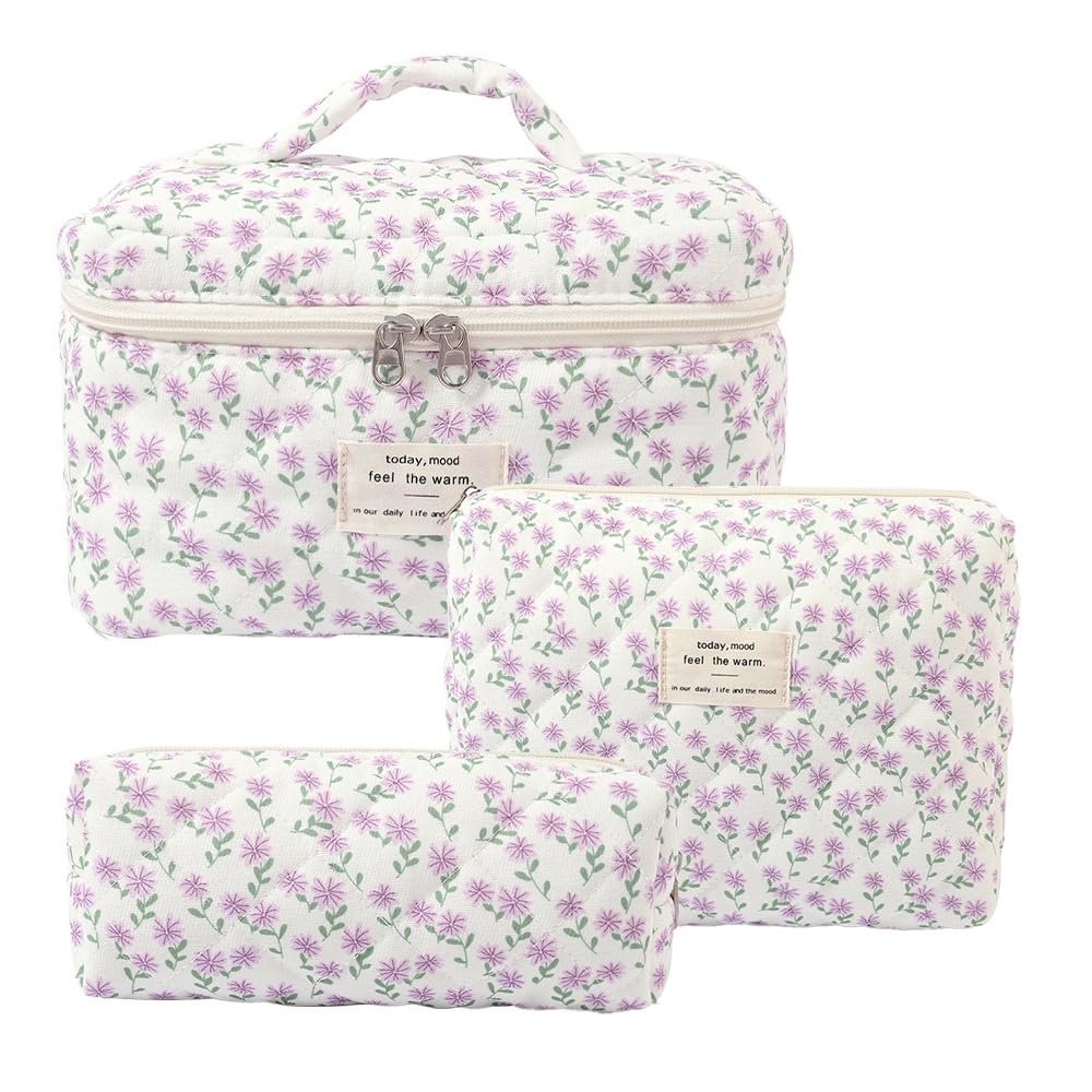 Women's Travel Makeup Bags, 3-Piece Cotton Toiletry Bag Set