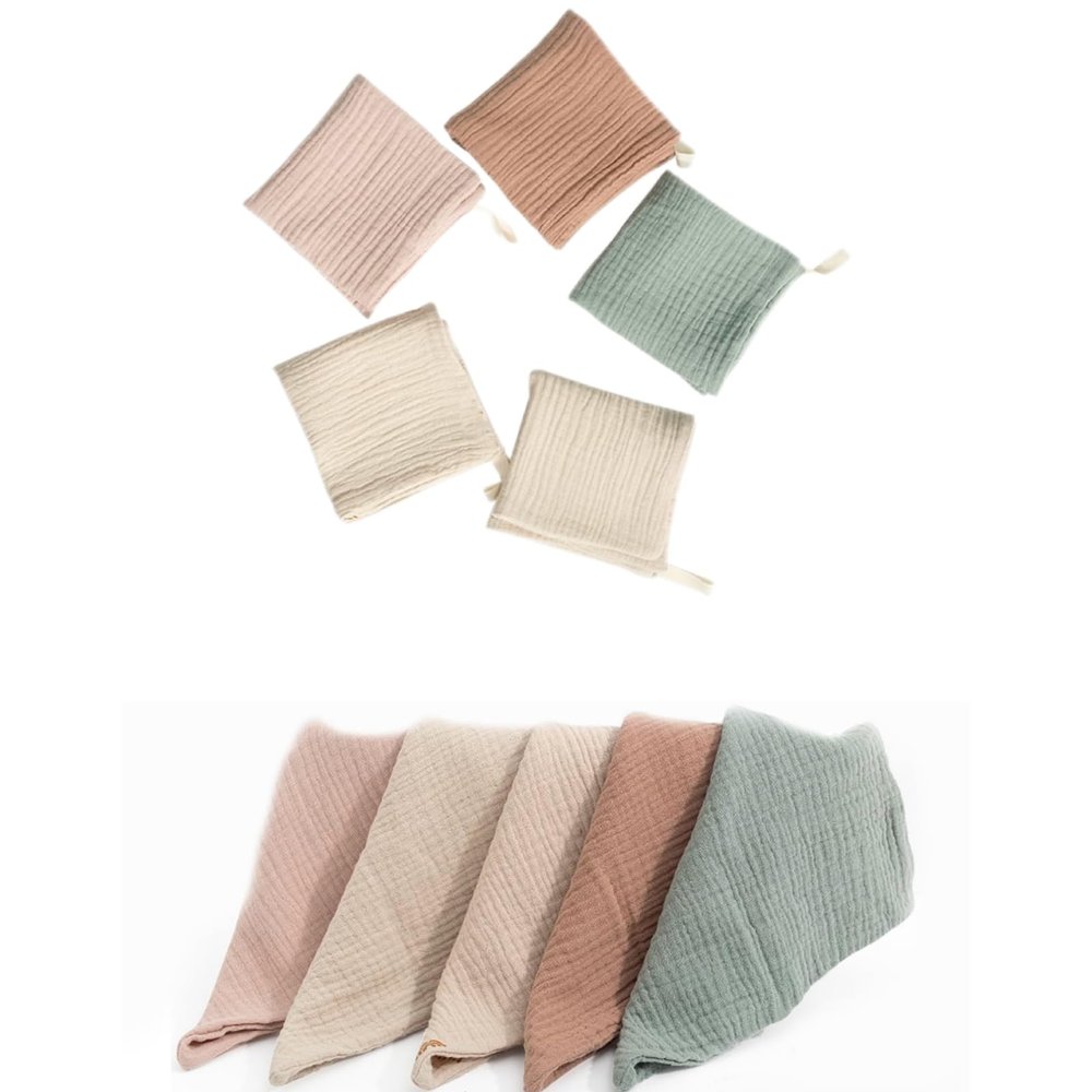 Fonyiunce 5-Pack Baby Muslin Squares, 23 x 23 cm, Newborn Washcloths, Burp Cloths, Soft Cotton, Random Colors