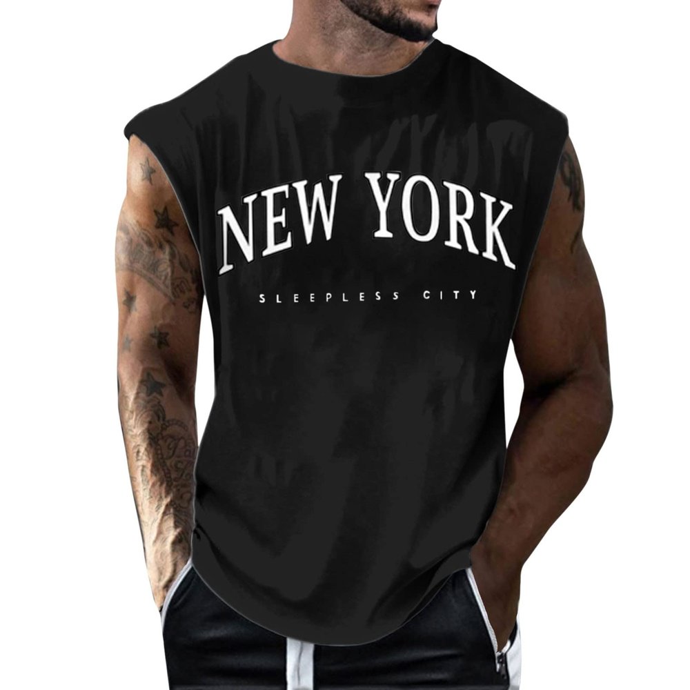 Men's Tank Top, Basic Athletic Muscle Shirt with Print, Crew Neck Fitness Undershirt, Sustainable Tee Top, 2024