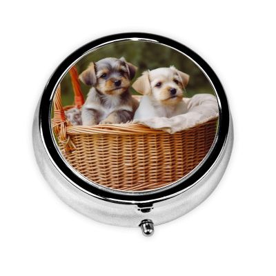 Round Mini Metal Pill Box with Two Dogs in a Basket, 3 Compartments