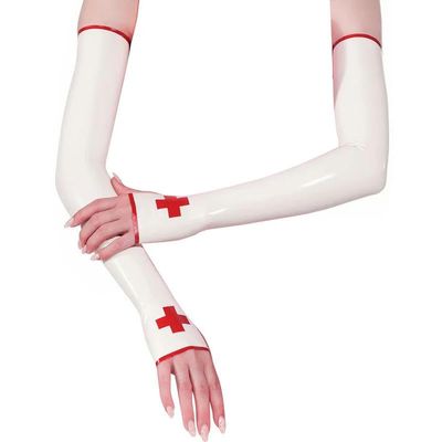 GAYLOP White and Red Sexy Long Latex Gloves with Cross Trim, Fingerless Gauntlets, Winter Mitts for Women, Translucent Black with Red, XS