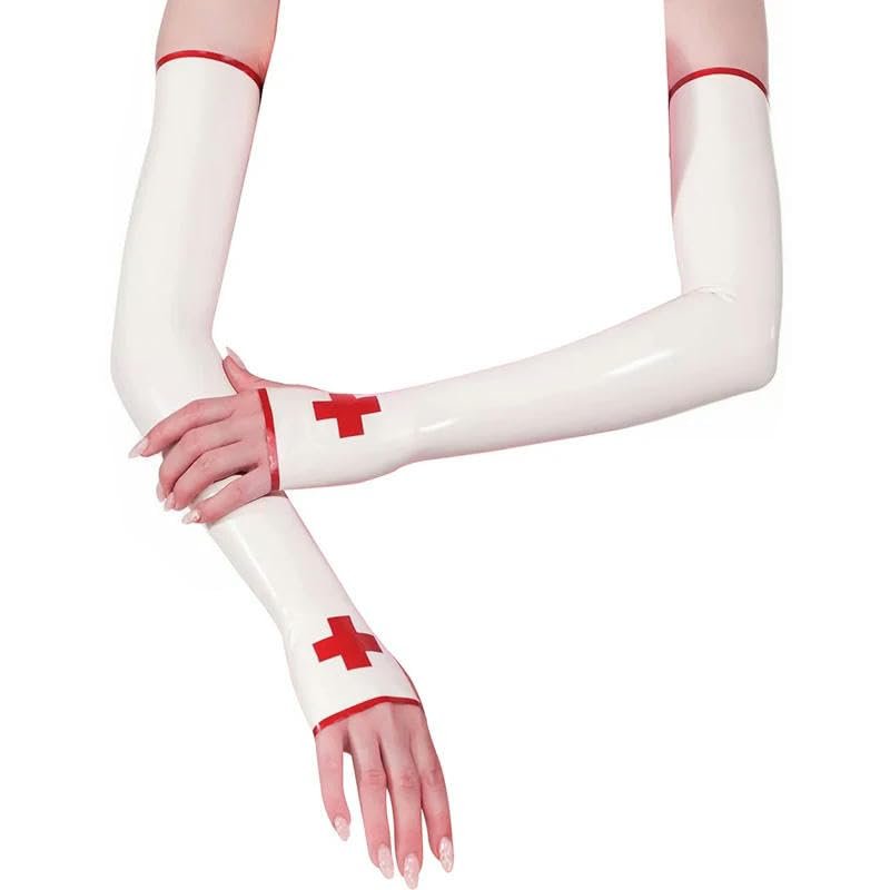 GAYLOP White and Red Sexy Long Latex Gloves with Cross Trim, Fingerless Gauntlets, Winter Mitts for Women, Translucent Black with Red, XS