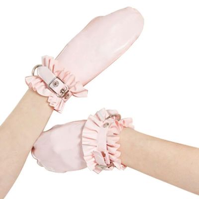 GAYLOP Baby Pink Sexy Latex Gloves with Belts and D-Rings, Ruffles, White, XXL
