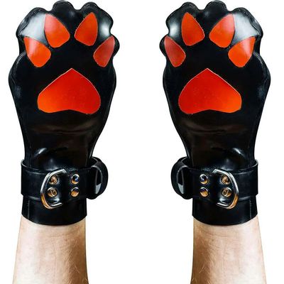 GAYLOP Black and Pink Latex Mittens with Cat and Puppy Paw Prints, Belts and D-Rings, Size S