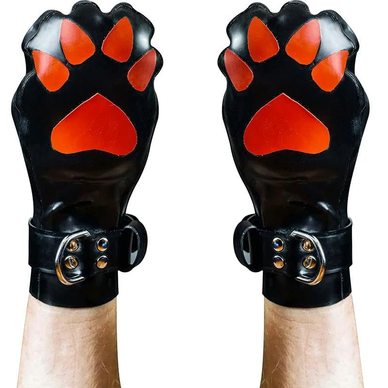 GAYLOP Black and Pink Latex Mittens with Cat and Puppy Paw Prints, Belts and D-Rings, Size S