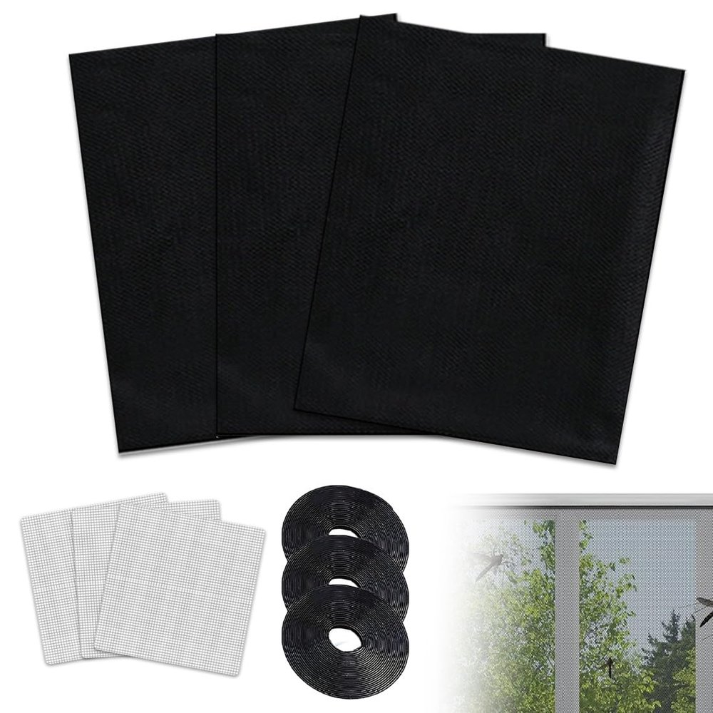 QOWUXHZ 3-Piece Black Window Insect Screens with Self-Adhesive Tape and Repair Patches