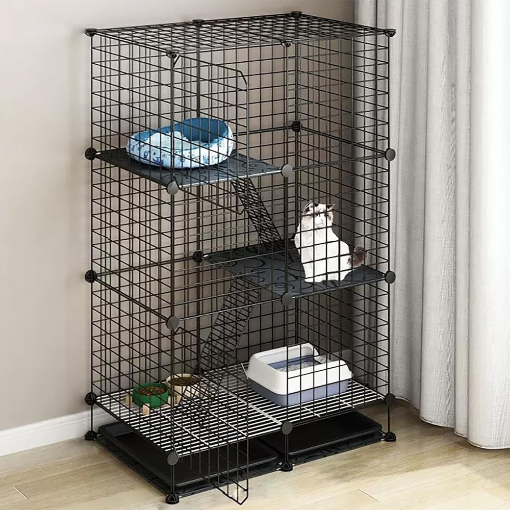 ZXFDMSWJ DIY Metal Cat Cage with Hammock and Climbing Ladder, Foldable and Portable, for Indoor and Outdoor Use