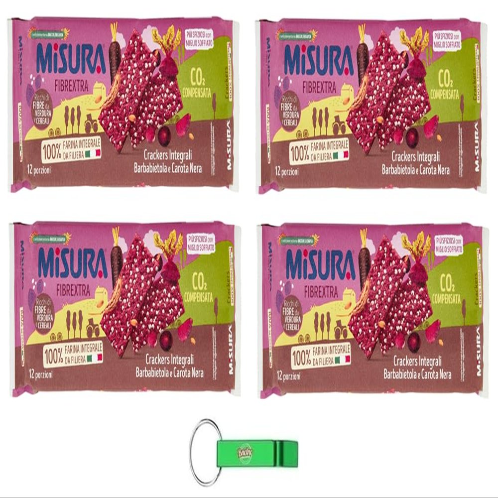 4x Misura Fibrextra Whole-Grain Crackers with Beetroot and Black Carrot, 385 g Pack + Free Beni Culinari Keychain