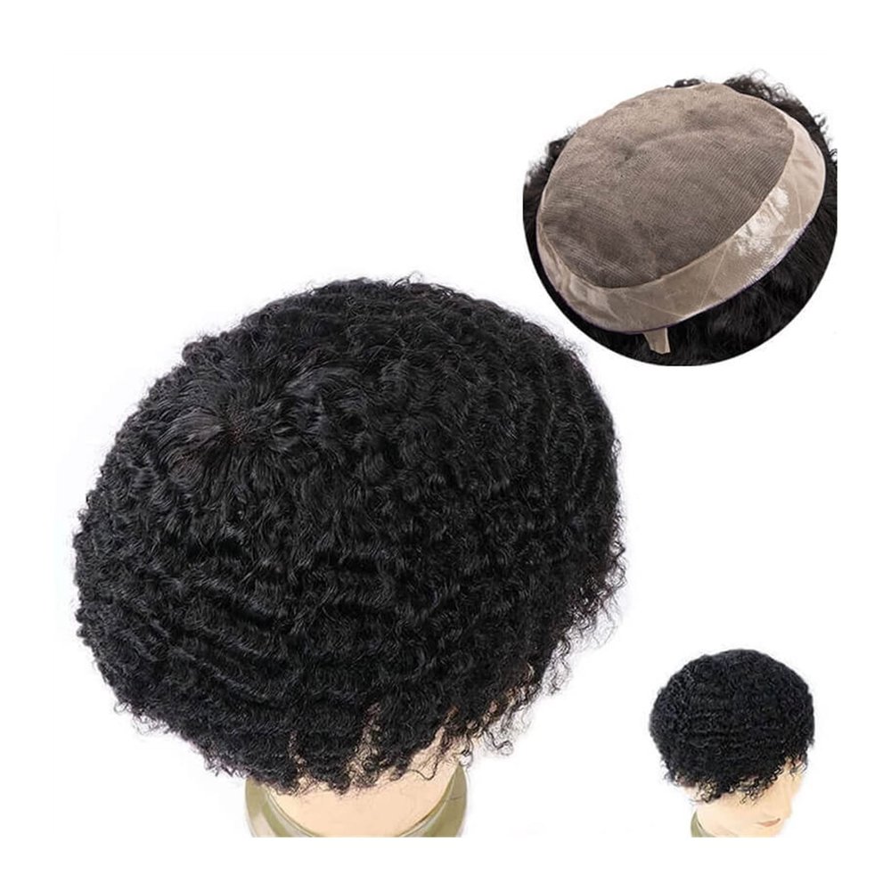 Natural-Looking Men's Afro-Wavy Hairpiece, 120% Indian Human Hair, #1B Black