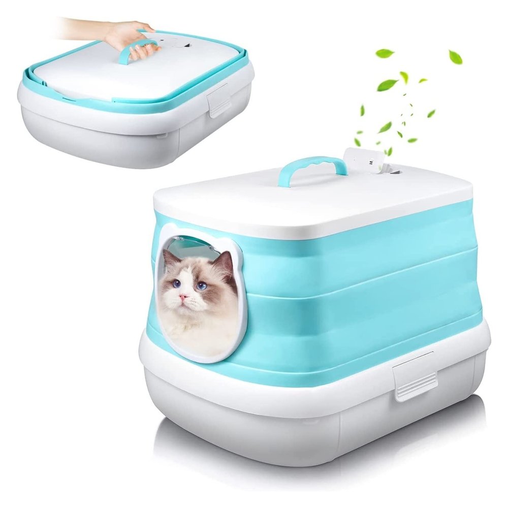 SHEHUALI Automatic Cat Litter Box, Foldable Large Portable Litter Pan with Scoop Storage, Leak-Resistant, Cyan