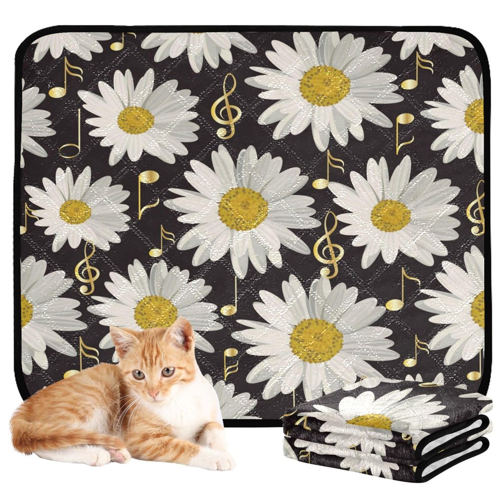 2-Pack Washable Non-Slip Dog Pee Pads, 24 x 36 in and 36 x 42 in, Gold Music Notes and Daisies