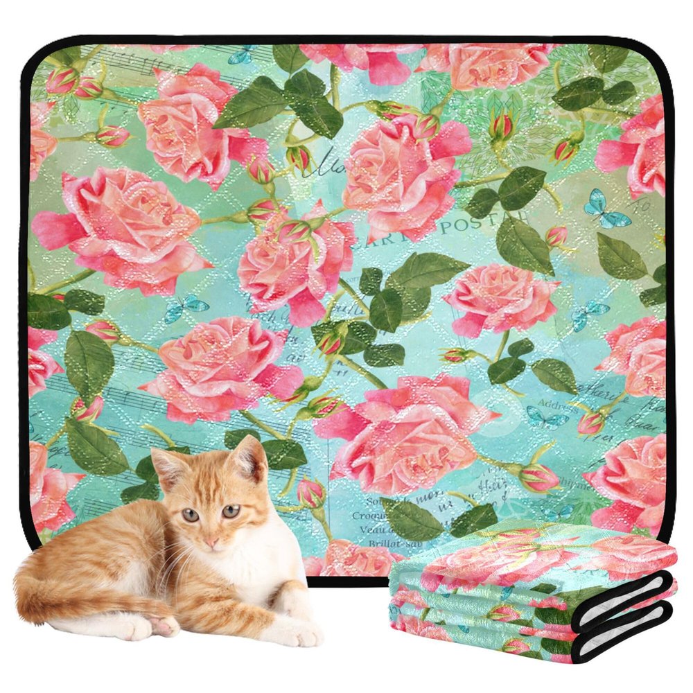 2-Pack Reusable Dog Pee Pads, Non-Slip, 61 x 91.4 cm + 91.4 x 106.7 cm, Watercolor Red Rosebuds & Green Leaves