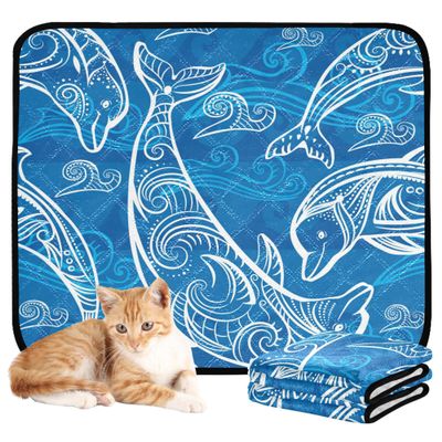 Reusable Non-Slip Dog Bed Mat, 61 x 91.4 cm + 91.4 x 106.7 cm, Blue Waves and Dolphins, 2-Pack