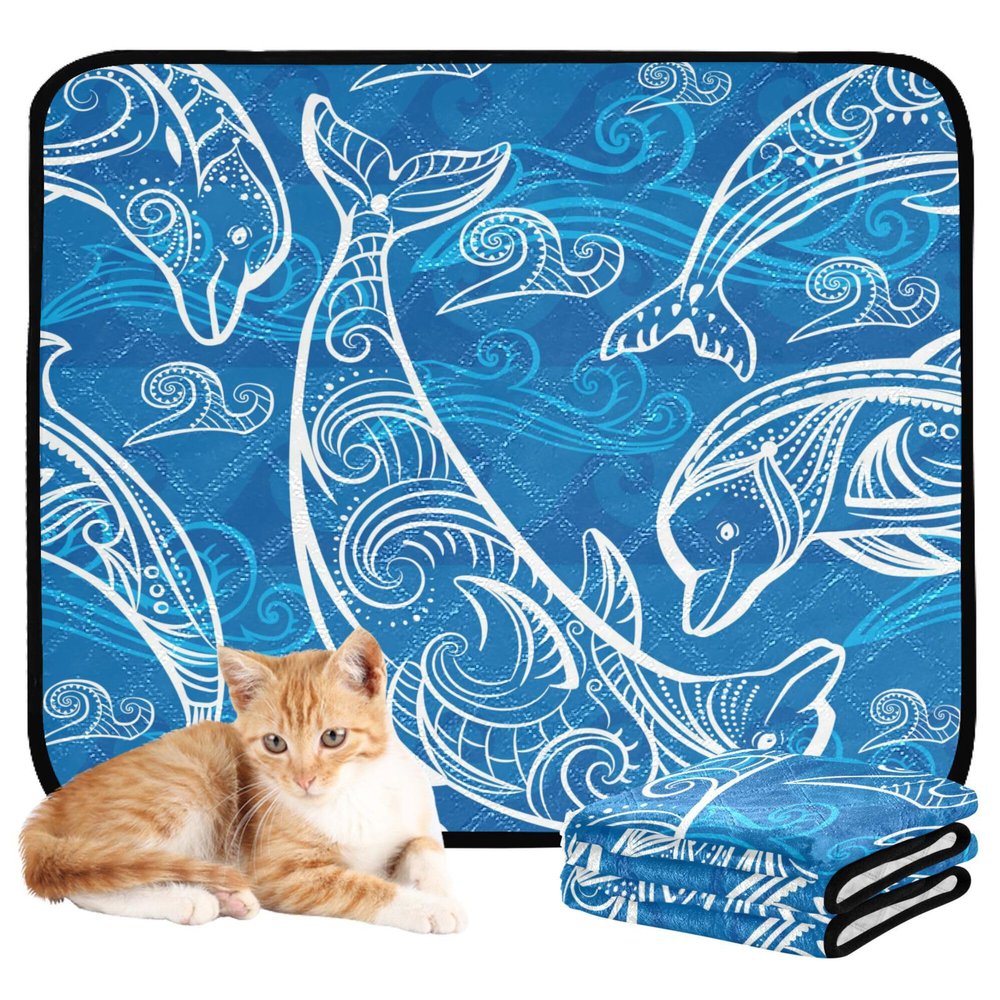 Reusable Non-Slip Dog Bed Mat, 61 x 91.4 cm + 91.4 x 106.7 cm, Blue Waves and Dolphins, 2-Pack