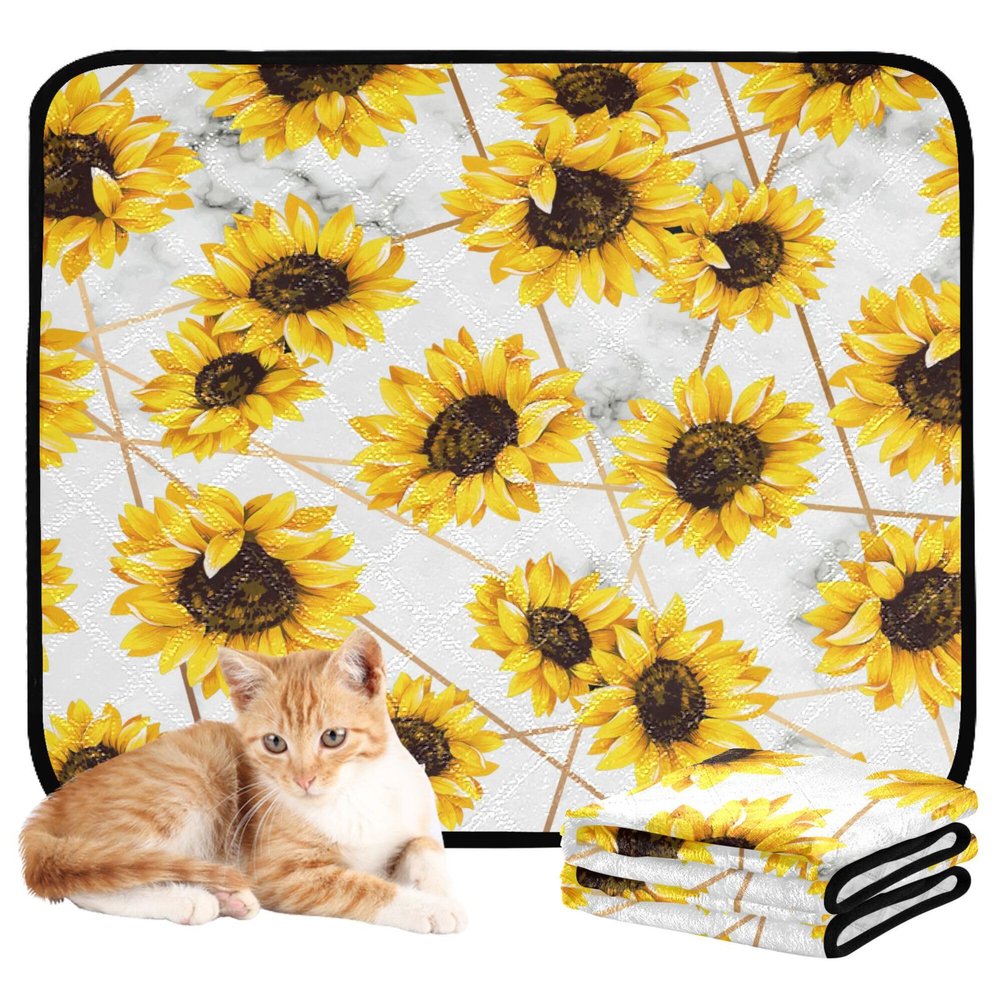 Washable Non-Slip Dog Mat for Indoor Use, 20 x 24 in, Sunflower with Gold Geometric Lines, 3-Pack