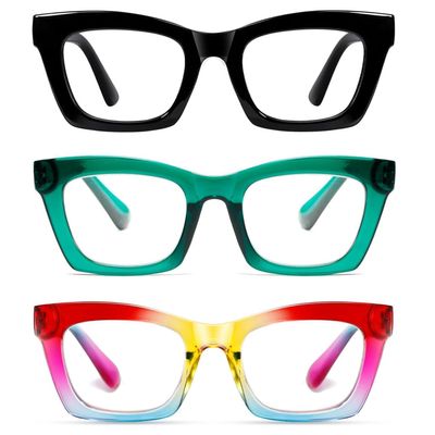 Hubeye Retro Reading Glasses for Women, Oversized Blue-Light-Blocking Computer Readers, Cat-Eye Frame, Fashionable Women's Eyewear (Black + Green + Rainbow, 2.50)