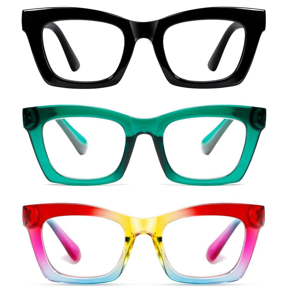 Hubeye Retro Reading Glasses for Women, Oversized Blue-Light-Blocking Computer Readers, Cat-Eye Frame, Fashionable Women's Eyewear (Black + Green + Rainbow, 2.50)