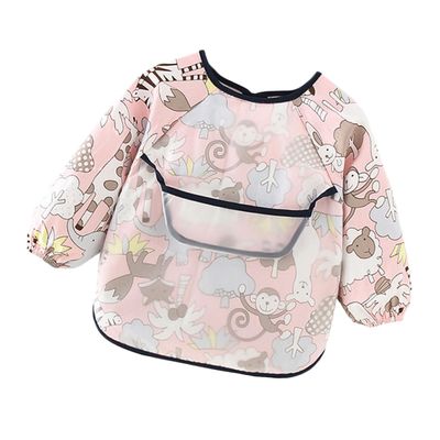 Vaguelly 1-Piece Pink Waterproof Long-Sleeve Bib with Zoo Pattern