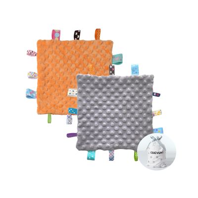 CREVENT Tag Security Blanket for Babies, Soft Lovey for Girls, Baby Comforter, Sensory Blanket, Gift for Birthdays and Baby Showers, 25.4 x 25.4 cm (Gray + Orange)