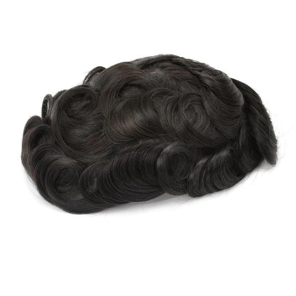 Men's Human Hair Toupee with Silk Base and PU Skin, Straight Hair Replacement System #1B
