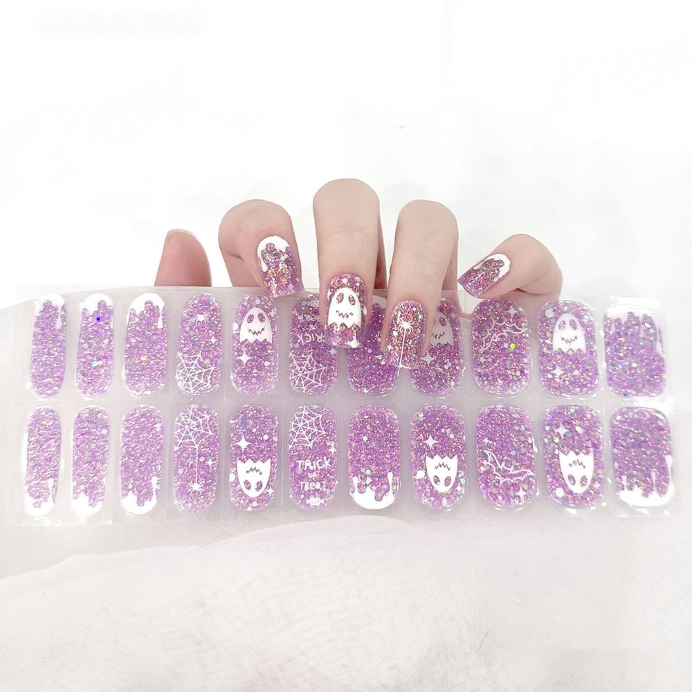 Ceboic 22-Piece Halloween UV Gel Nail Strips, Semi-Cured Self-Adhesive Wraps with Ghost and Bat Designs, Glow-in-the-Dark Purple Glitter