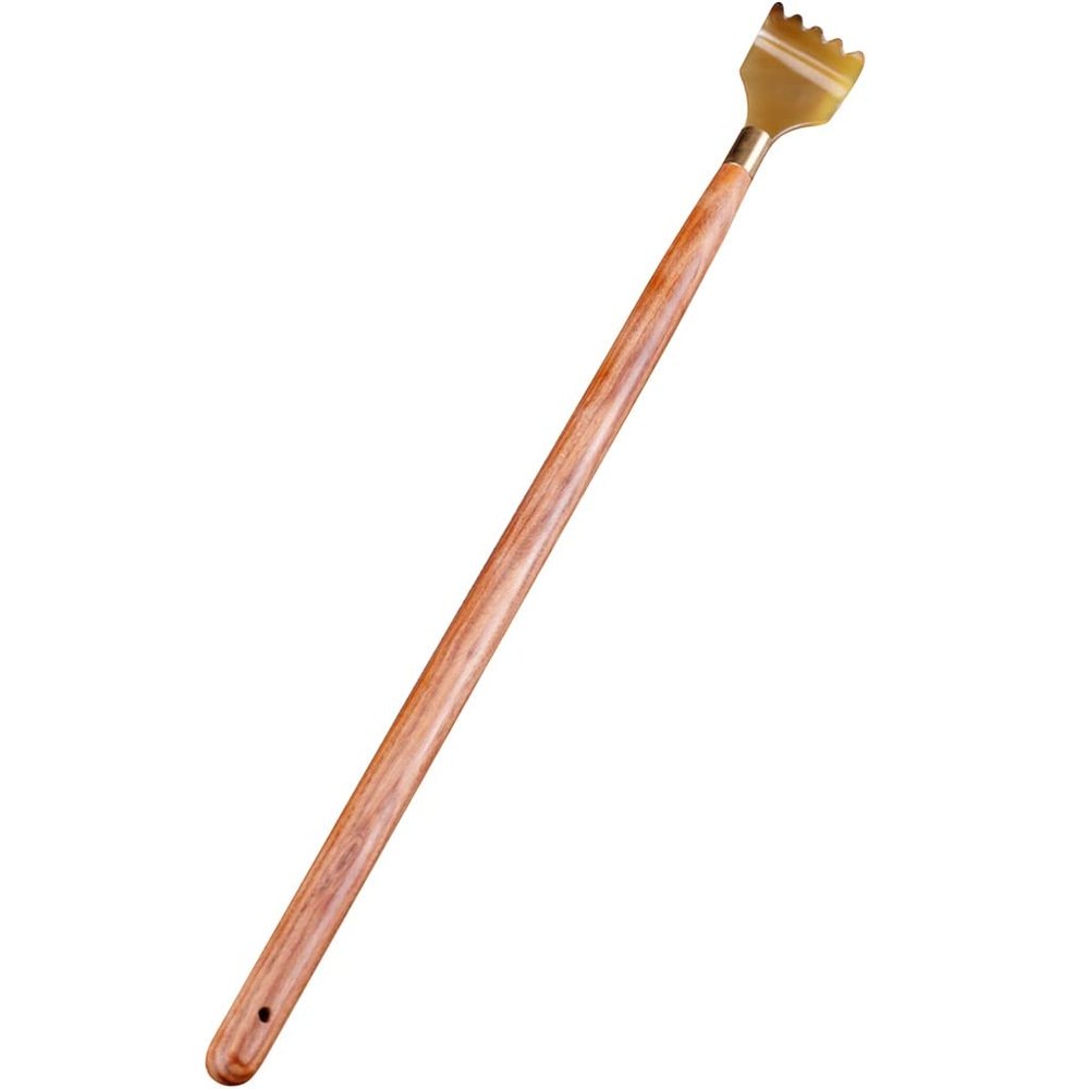Long Wooden Back Scratcher with Rosewood Handle and Natural Horn, 40 × 3.5 cm, Reddish Brown
