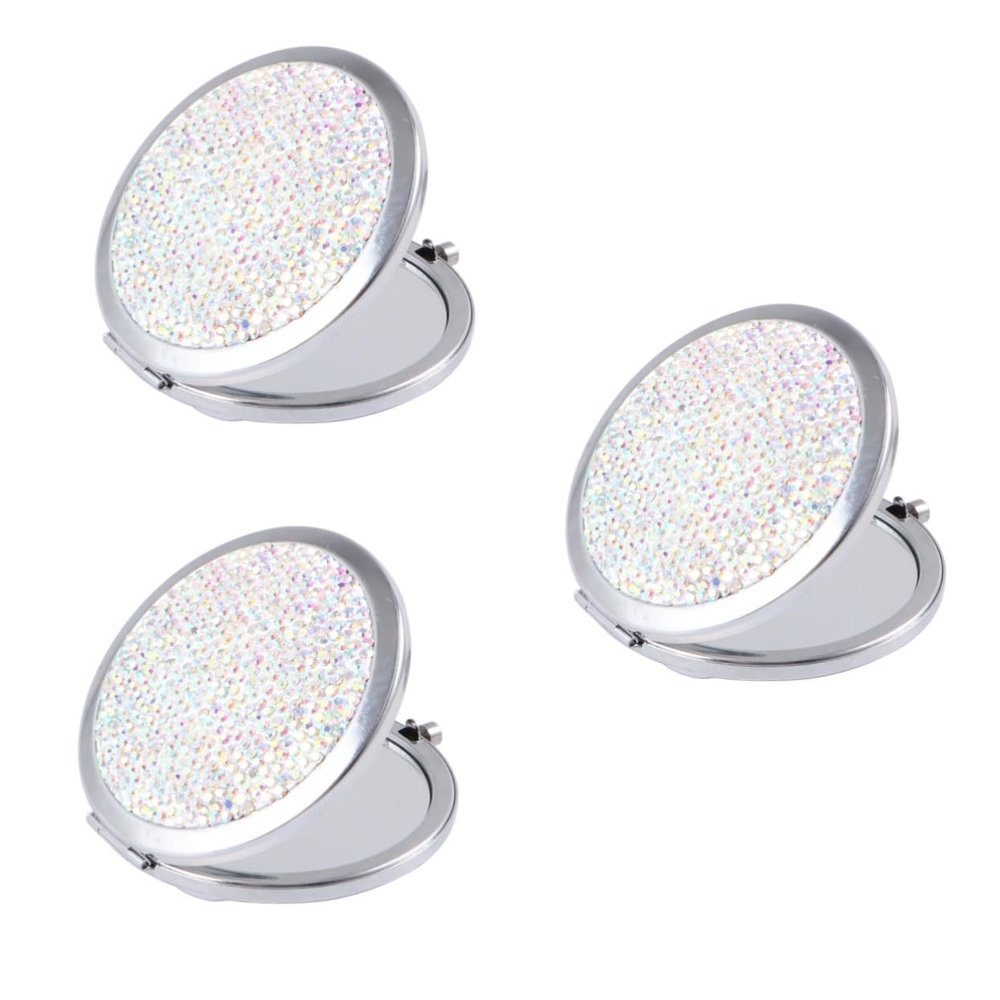 Healeved 3-Piece Creative Portable Folding Cosmetic Mirror, Double-Sided Makeup Mirror with Rhinestones, White, for Women and Girls, for Travel and Daily Use