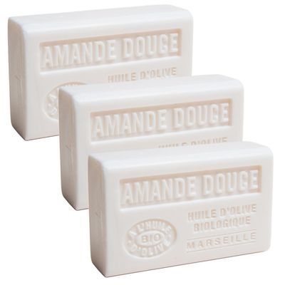 Label Provence Nature Marseille Soap with Organic Olive Oil and Shea Butter, Sweet Almond Scent, 125 g Bars, 3-Pack