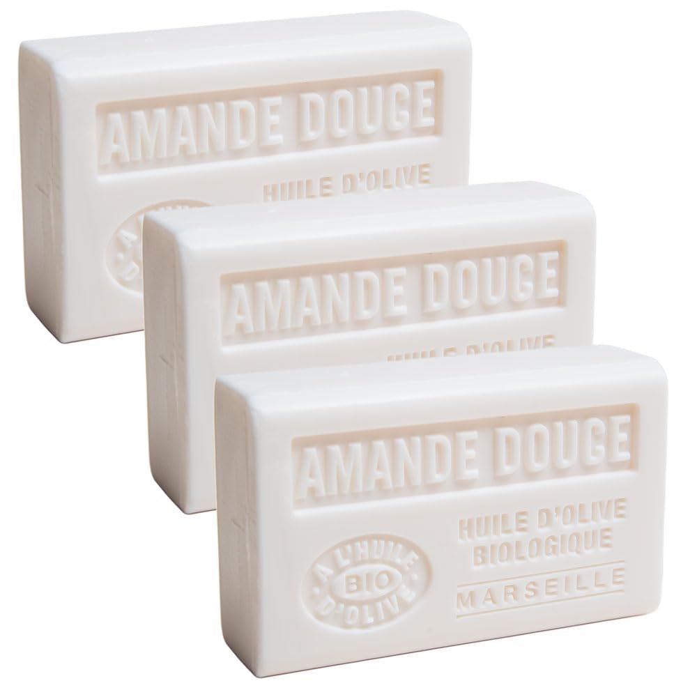 Label Provence Nature Marseille Soap with Organic Olive Oil and Shea Butter, Sweet Almond Scent, 125 g Bars, 3-Pack