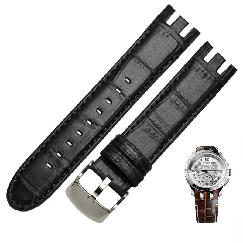 QTYQWC Genuine Leather Watch Band for Swatch YRS403/412/402G, 21 mm, Curved End, Men's, Plain Black