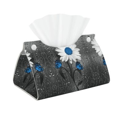 Kleenex Tissue Box Cover, PVC Leather, White/Blue Daisy Print