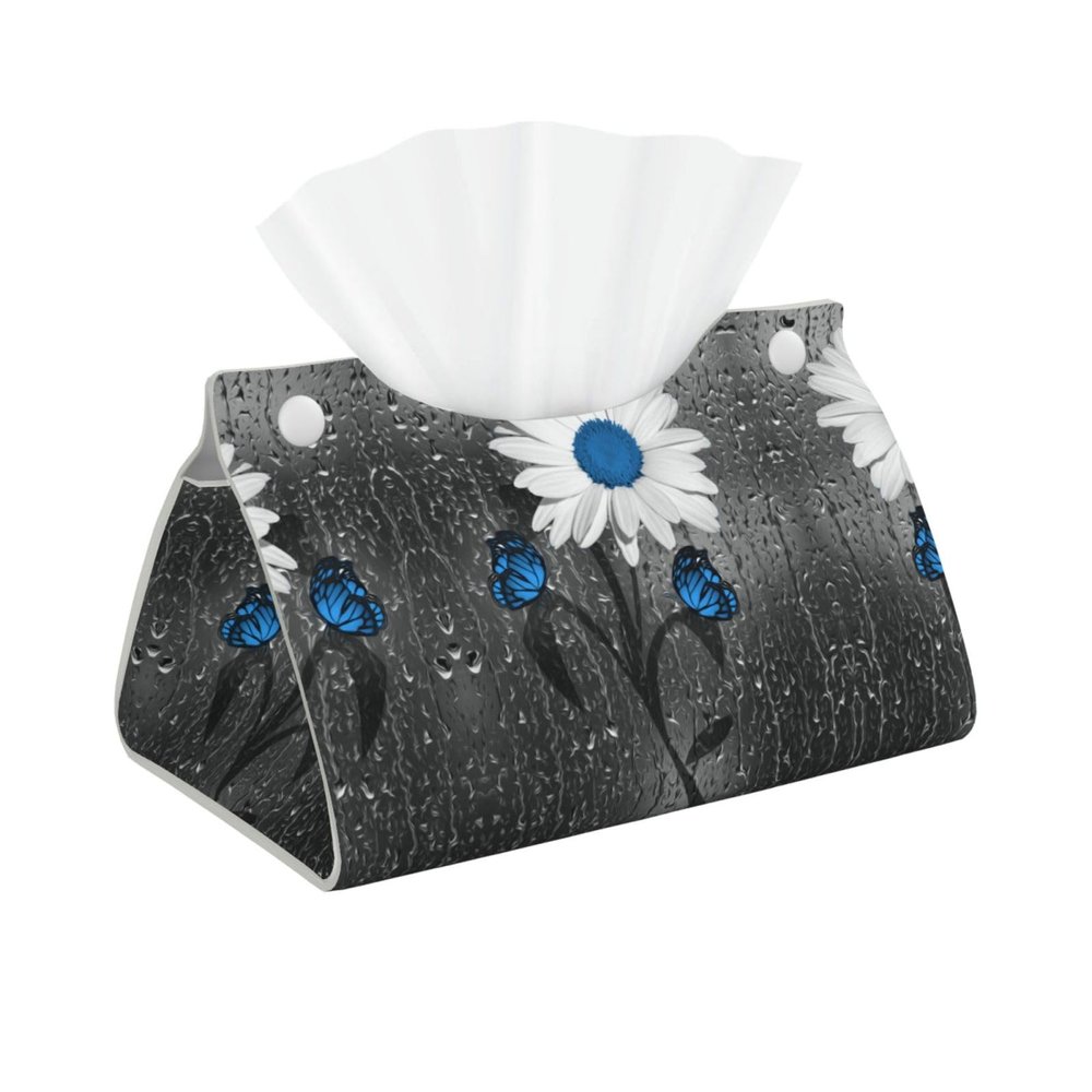 Kleenex Tissue Box Cover, PVC Leather, White/Blue Daisy Print