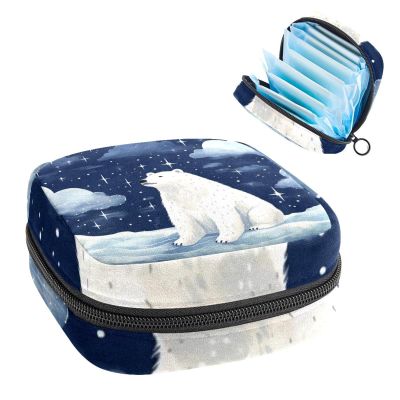 Period Kit Bag for Girls and Women, Starry-Sky Polar Bear Design 356, Large-Capacity Sanitary Pad Bag with Zipper