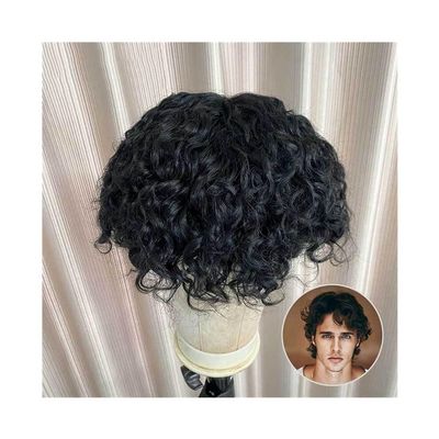 Men's Indian Remy Human Hair Water Wave Toupee, Mono Base with PU Perimeter, Black