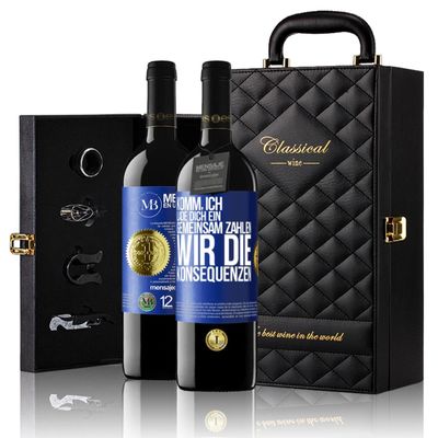 Come, I’m Inviting You—Together We’ll Face the Consequences. Flaschenpost Gift Briefcase with 2 Premium 12-Month Reserve Red Wines and 4 Accessories, Customizable Blue Label