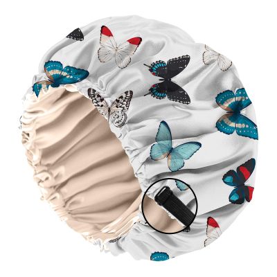BHAHB Double-Layer Satin Bonnet for Sleeping, Adjustable Reusable Hair Cap, Butterfly Design