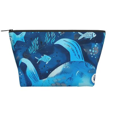 Travel Makeup Bag with Blue Fish Print, Trapezoid Cosmetic Pouch, Black, One Size