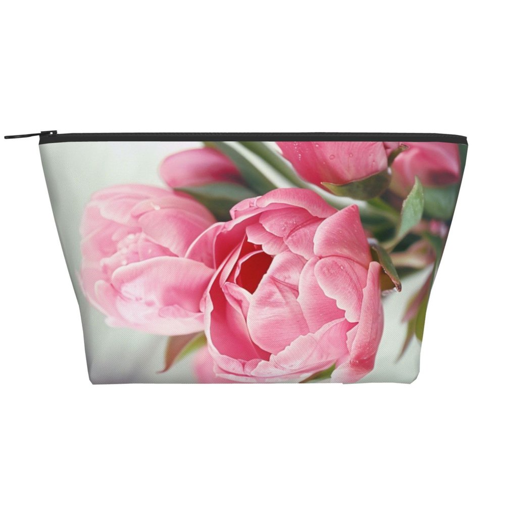 Black Trapezoid Makeup Bag with Floral Pattern, One Size